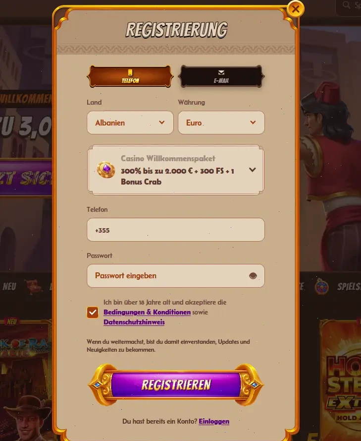 Registrační formulář nového účtu Alawin Casino